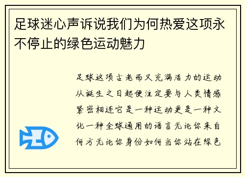 足球迷心声诉说我们为何热爱这项永不停止的绿色运动魅力