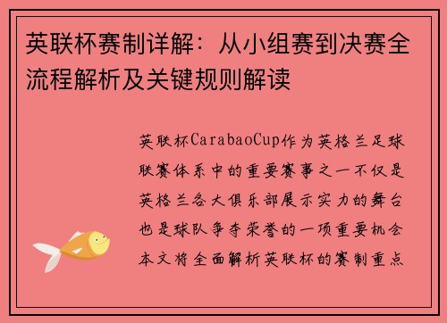 英联杯赛制详解：从小组赛到决赛全流程解析及关键规则解读